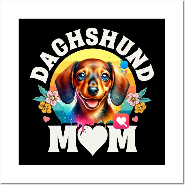 Colorful Dachshund Mom Retro Sunset Dog Lover Mothers Day Wall Art by JJDezigns